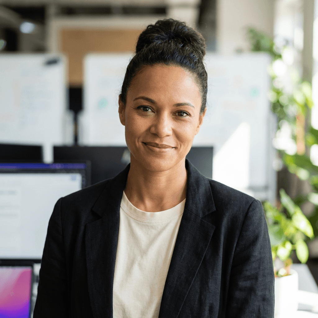 Sandra K. in professioneller Kleidung im Büro