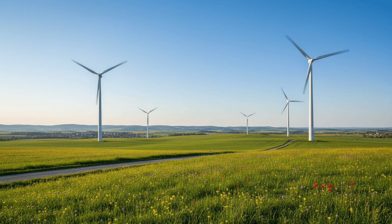 Moderne Windkraftanlagen auf einem grünen Feld unter klarem blauem Himmel