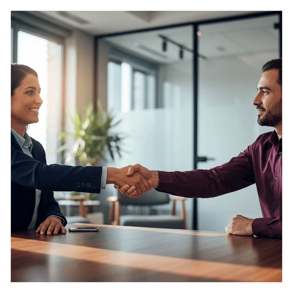 Zwei Geschäftspartner schütteln sich in einem modernen Büro die Hände