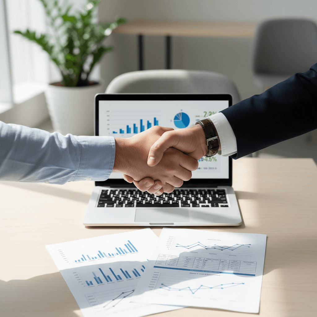 Overhead close-up of investor and entrepreneur hands shaking over desk with laptop displaying financial charts and growth data