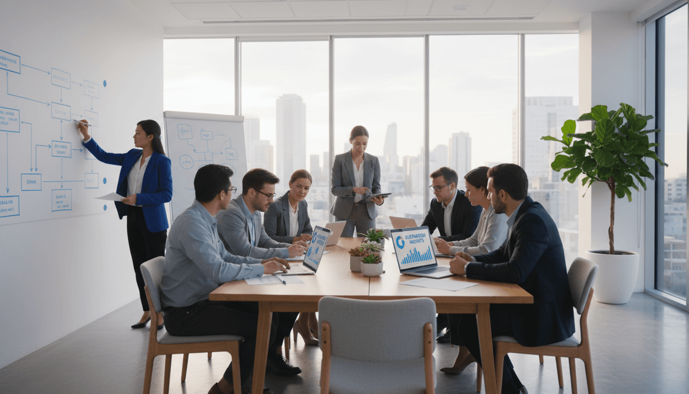 Diverse consulting team collaborating around conference table with process diagrams and digital tools visible
